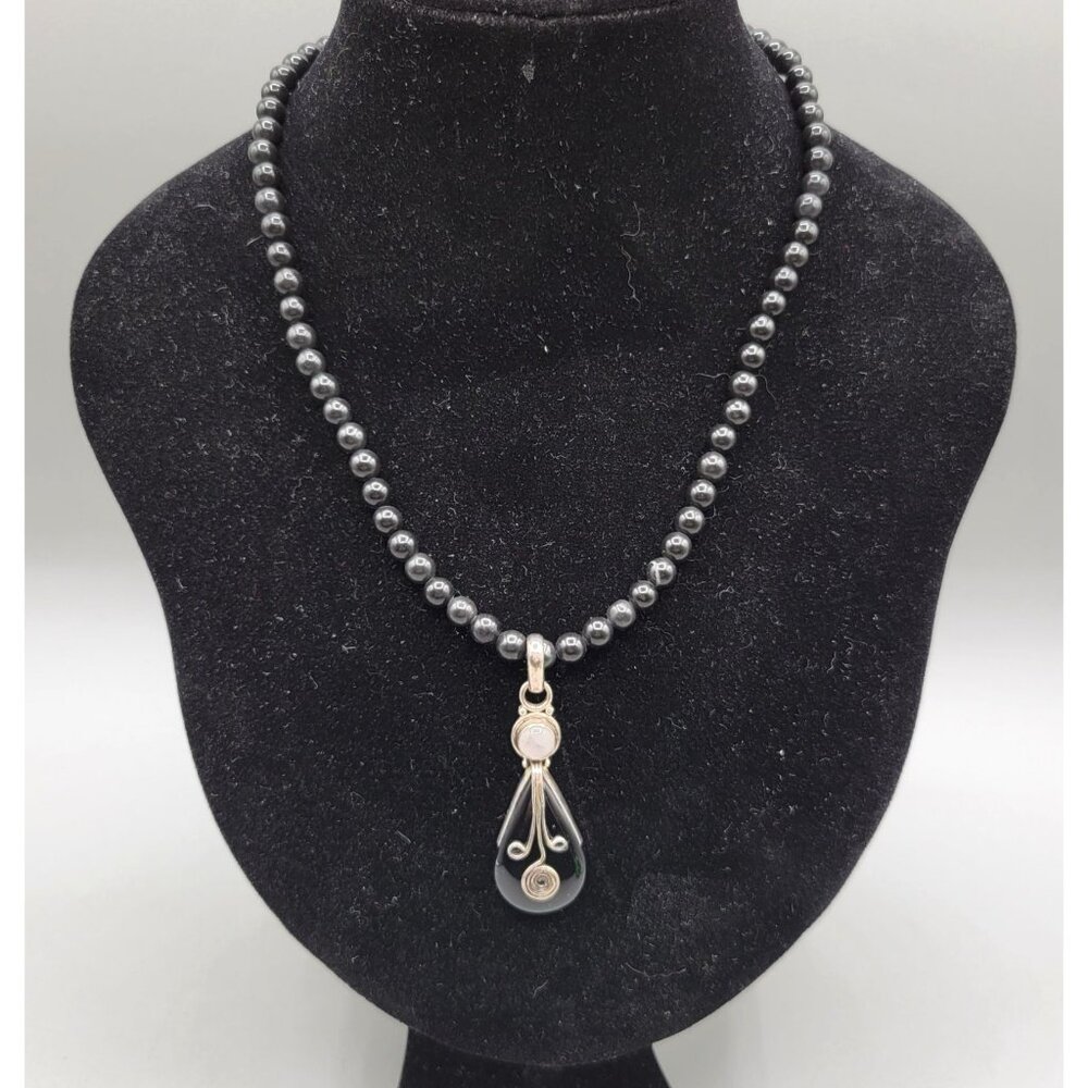 Black Glass Bead Necklace Teardrop Sterling Pendant Wire Wrap
